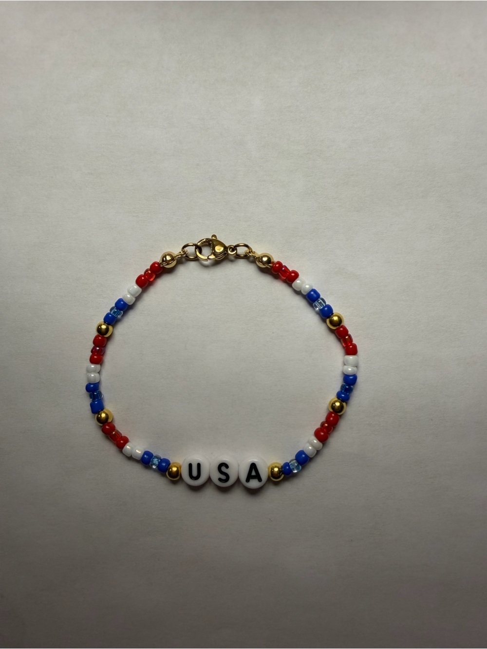 Beaded USA Bracelet - Red White Blue Gold Accent